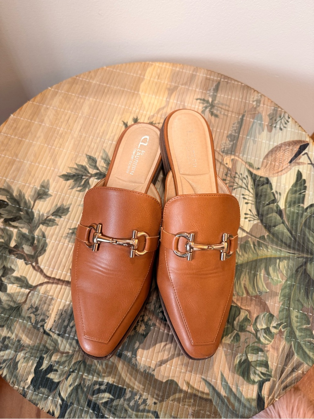Leather Backless Mule Loafers in Cognac with Metal Bit